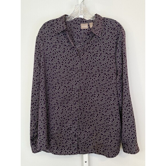 Chico’s Women’s Blouse 3 XL Purple Geometric Dot Print Button Front Long Sleeve - Picture 1 of 13